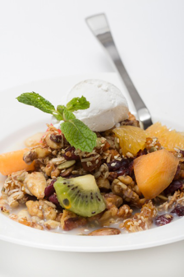 Granola with almond milk via the cavemen. 