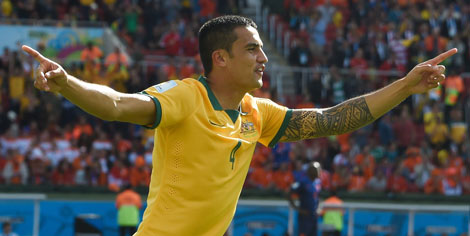 21st minute: Tim Cahill after his volley for the ages. Photo: Getty