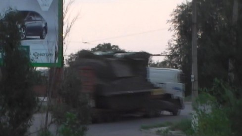 A still taken from a video made available by the Ukrainian Interior Ministry purportedly showing a truck carrying the Buk missile launcher with one of its four missiles apparently missing.
