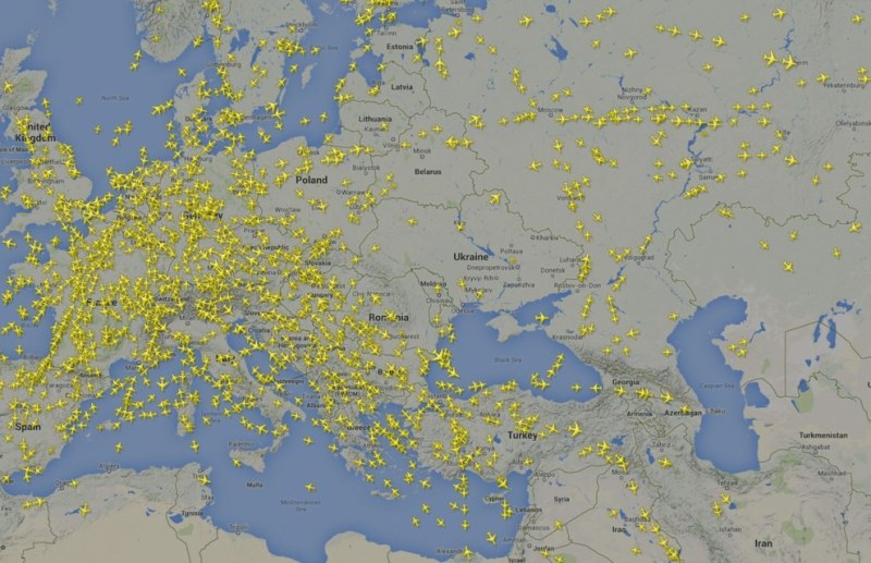A graphic from flightradar24.com shows the avoidance of airspace above Ukraine.