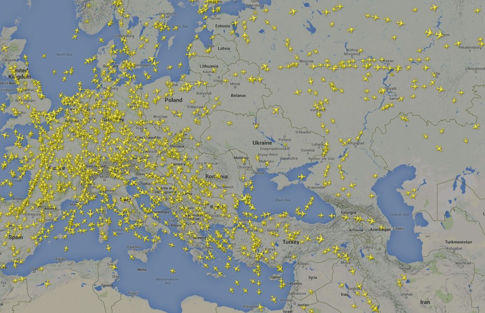 A graphic from flightradar24.com shows the avoidance of airspace above Ukraine.