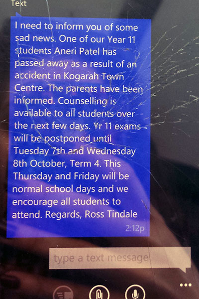 A text message sent to parents and students. 