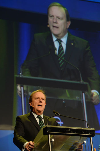 Peter Costello delivers the keynote address to the NSW Property Council. Photo: AAP