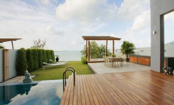 Small pools and large outdoor kitchens are hot. 