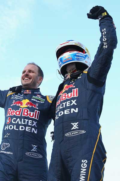 Paul Dumbrell (left) and Garth Tander after their Sandown 500 win.