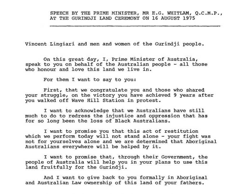 Gough Whitlam's speech when handing over land to the