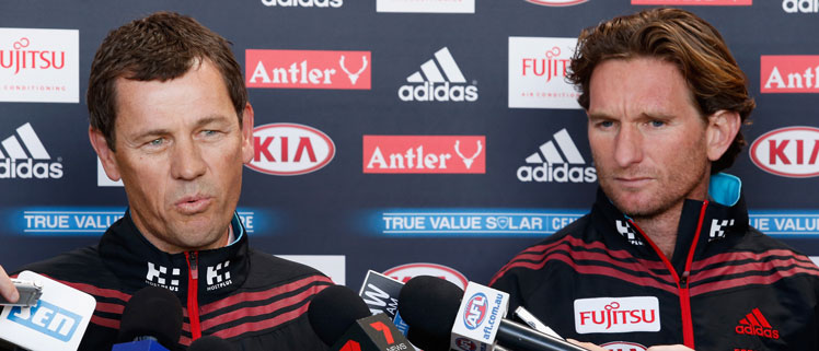Essendon greats Mark Harvey (L) and James Hird, although the absent Mark Thomspn was the elephant in the room. Photo: Getty