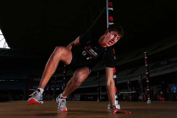 Daniel Howe takes a tumble during the agility test. Photo: Getty.