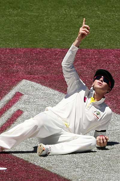 Steve Smith points the finger at Spidercam. Photo: Getty
