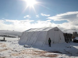 Snow has covered the Syrian refugee camp in southern Lebanon. Photo: Getty.