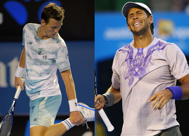 Beach anyone? Tomas Berdych in his seaside combo, while Fernando Verdasco has been having trouble with his ball-point.