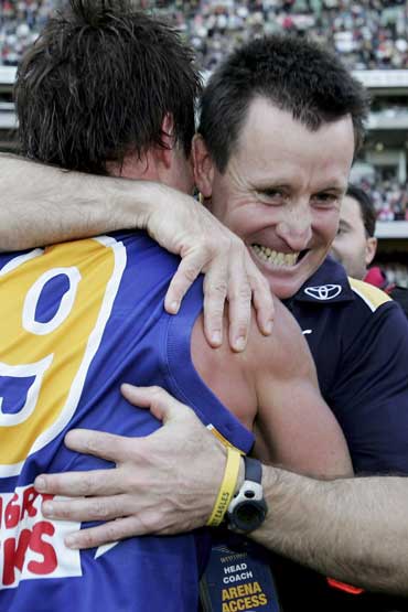 Ben Cousins and John Worsfold after winning the 2006 AFL premiership. Photo: Getty
