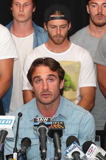 Jobe Watson fronts the media along with other members of 'the 34'. Photo: Getty
