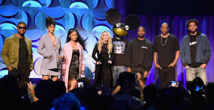 L-R: Usher, Rihanna, Nicki Minaj, Madonna, Deadmau5, Kanye West, JAY Z, and J. Cole.