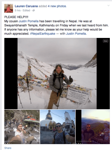 Justin Pomella's family has put a plea for information on Facebook of his whereabouts.