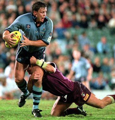 Glenn Lazarus in full flight for the Blues in 1996. Source: Getty