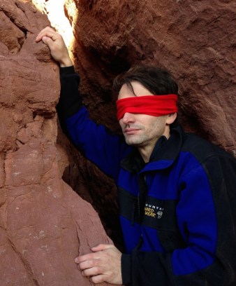 As part of the show, Sampson is forced to rock climb blindfolded.