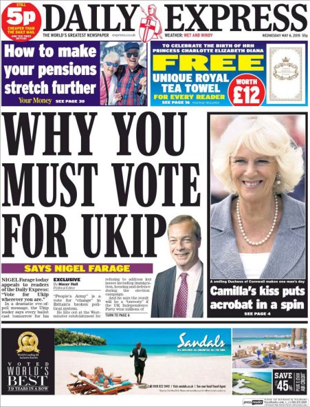 The Daily Express cast its vote for nationalist party UKIP, which will likely be important in negotiations after the result is known.
