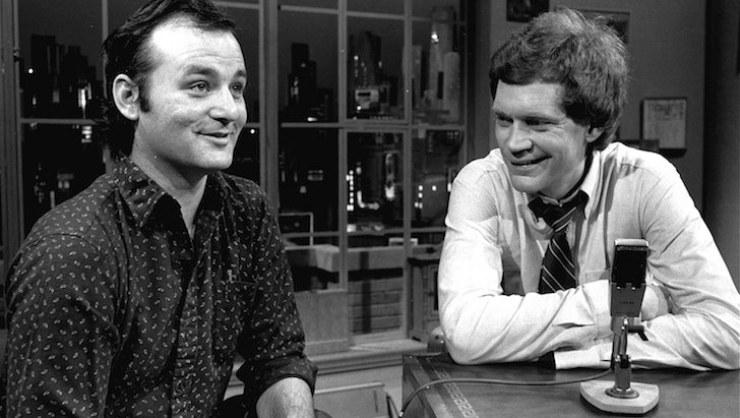 Letterman (right) with guest Bill Murray during the taping of the first "Late Night with David Letterman" episode in 1982. Photo: AAP