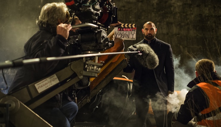 Dave Bautista, who plays Mr Hinx, on the film set.