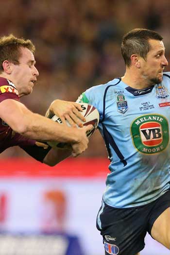 The moment when Michael Morgan was ruled to have stripped the ball from Mitchell Pearce. Photo: Getty