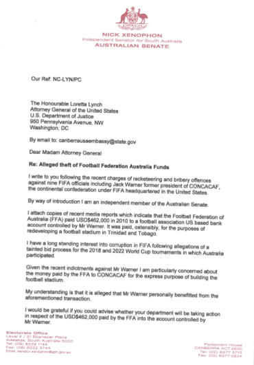 Letter Nick Xenophon FIFA