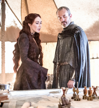 Van Houten as Melisandre with Stannis Baratheon (played by Stephen Dillane).