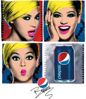 Soft drink is marketed using glamorous celebrities and colourful packaging.