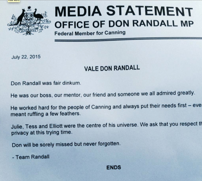 Don Randall official media statement.