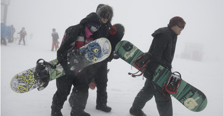Snowboarders embrace the cold snap at Falls Creek.