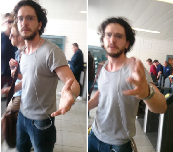 Kit Harington seems perturbed by fan photos at a Belfast train station. Photos: Watchers on the Wall