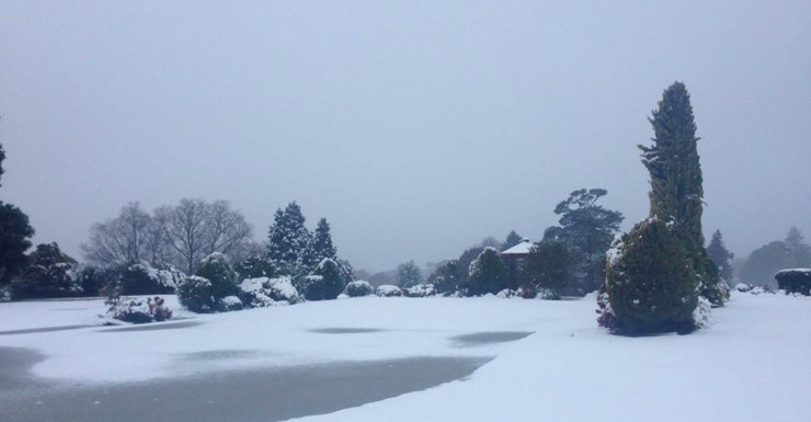 A golf club in Orange, NSW is covered in snow at sunrise on Sunday.
