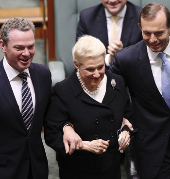 Mrs Bishop is escorted to her chair by the PM and Christopher Pyne when elected as speaker in November 2013.