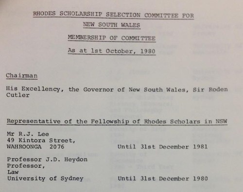 A document shows Dyson Heydon's position on the Rhodes Scholarship selection committee in 1980. 