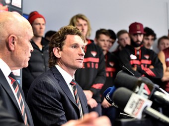 Essendon head coach James Hird holds a press conference to announce that he will be leaving the Essendon Football Club, Tuesday Aug. 18, 2015. (AAP Image/Joe Castro) NO ARCHIVING