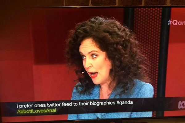 A crude Twitter handle appeared on Q&A on Monday. Photo: Twitter