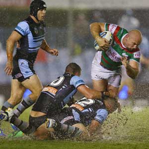 The Sharks beat the Rabbitohs in the wet 18-10 in April. Photo: Getty