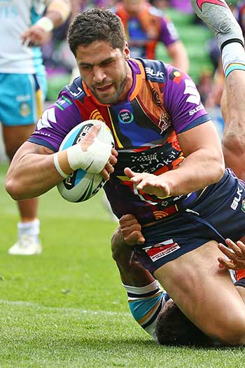 Melbourne Storm's Jesse Bromwich touches down. Photo: Getty