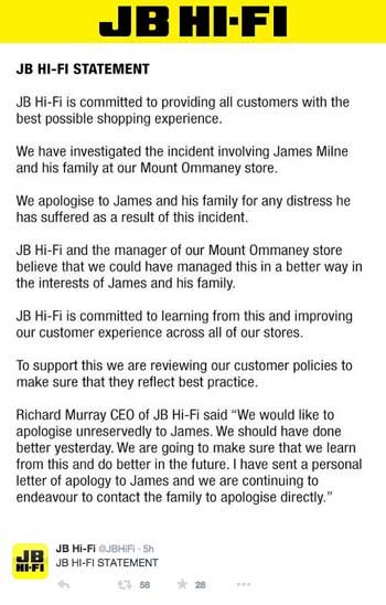 Twitter apology, JB hifi James Milne incident
