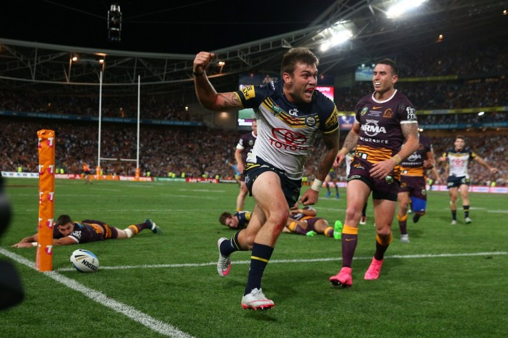 Kyle Feldt scores after a sublime flick from Michael Morgan. Photo: Getty