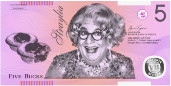 Dame Edna lighting up the "five buck" note. Photo: Aaron Tyler