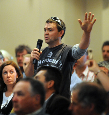 A concerned irrigation farmer speaks out during the first of several national public meetings, in Shepparton, October, 2010.