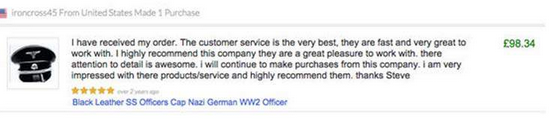 A comment allegedly left by Mercer after buying a Nazi style cap. 