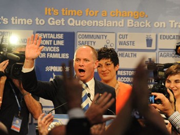 Liberal National Party (LNP) leader Campbell Newman during his victory speech following the Queensland state election in Brisbane, Saturday, March 24, 2012. The Liberal National Party (LNP), lead by Campbell Newman has won the ballot. (AAP Image/Dave Hunt) NO ARCHIVING