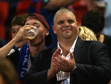 NEWCASTLE, AUSTRALIA - APRIL 17: Nathan Tinkler owner of the Jets with Jets supporters during the round 26 A-League match between the Newcastle Jets and the Sydney FC at Hunter Stadium on April 17, 2015 in Newcastle, Australia. (Photo by Tony Feder/Getty Images)