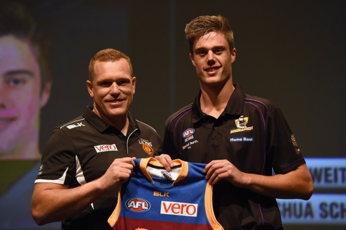 Josh Schache meets new coach Justin Leppitsch. Photo: Getty