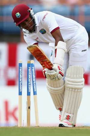Kraigg Brathwaite gets his stumps rattled by James Anderson. Photo: Getty