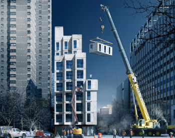 The 'micro-apartments' being assembled in New York. Photo: Camel Place