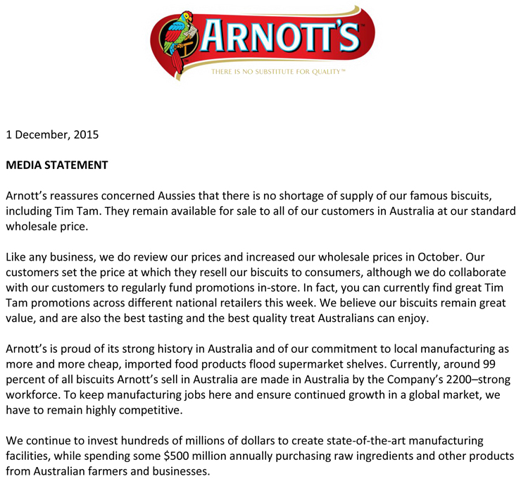 arnott's statement