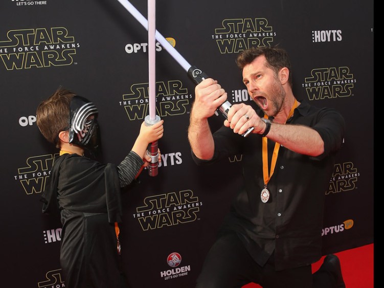 Photo: Getty</em> Singer and unofficial Jedi Master, David Campbell, 'guides' his son at the premier.